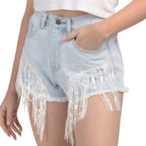 On Twelfth Sequin & Pearl Embellished Denim Shorts Light Wash Light Indigo Small